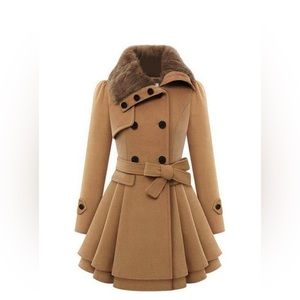 Women's Faux Fur Double-Breasted Thick Wool Trench Coat